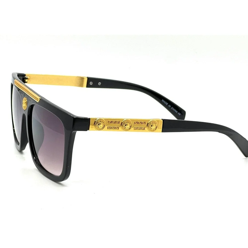 Flat Top Sunglasses‎ Men's Fashion Square Frame Gold Accent Black Lens Hip Hop